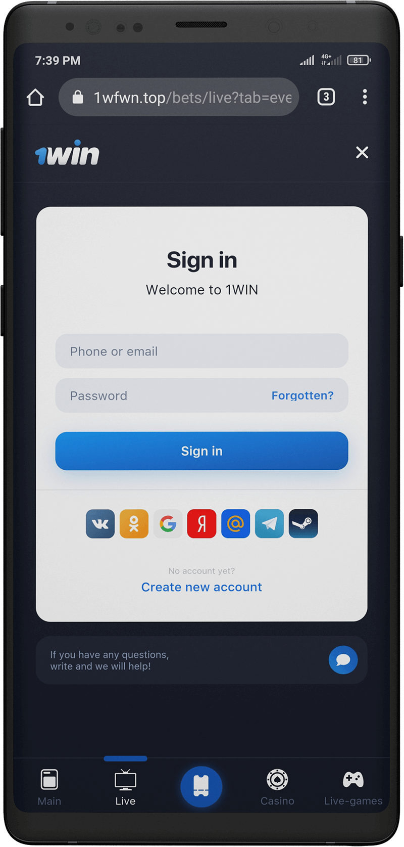 1win registration in the app