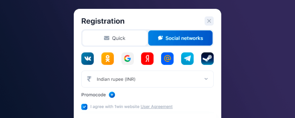 1win registration using social networks